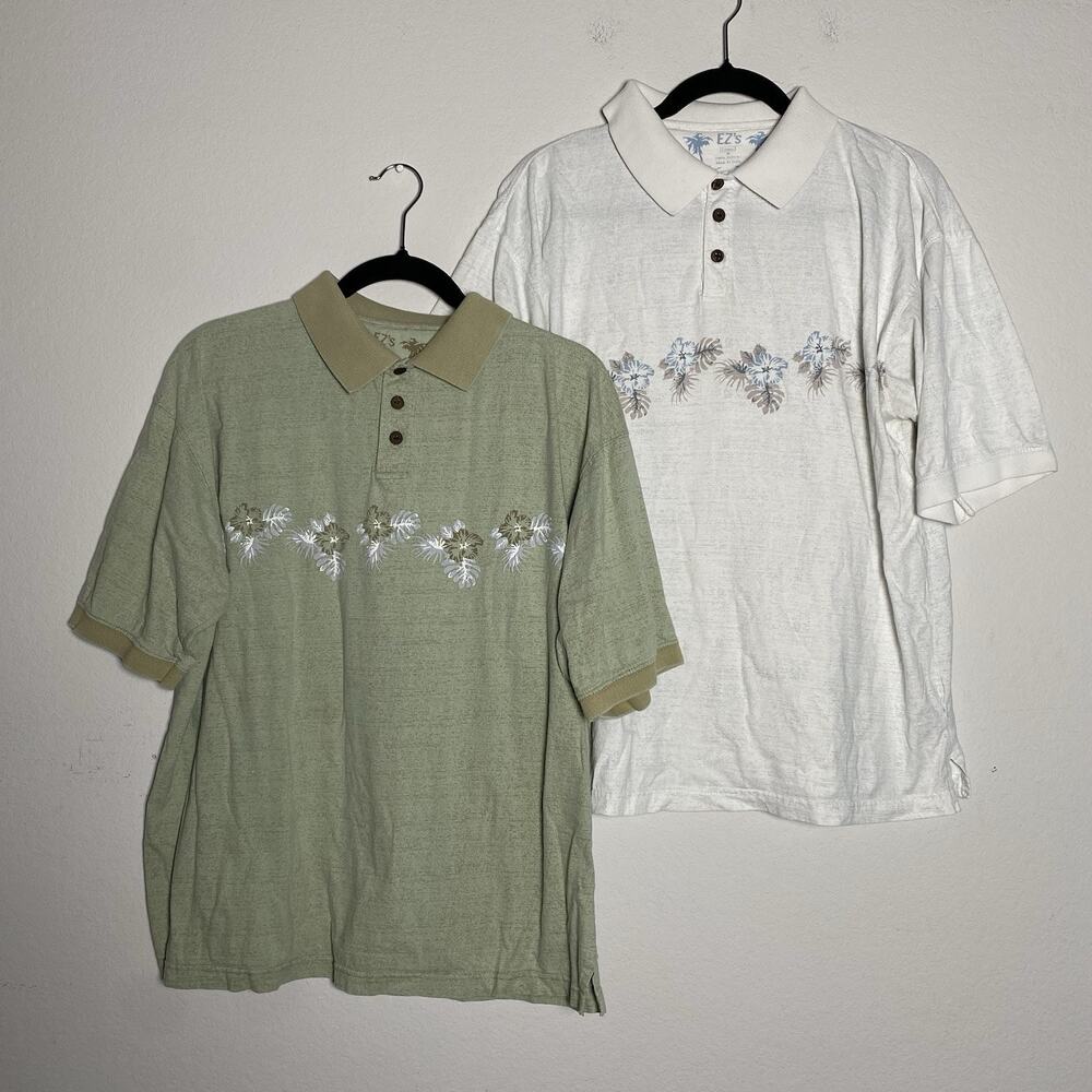 2 Mens EZ's Polo Shirt Medium Green White Hawaiian‎ Floral Short Sleeve Resort